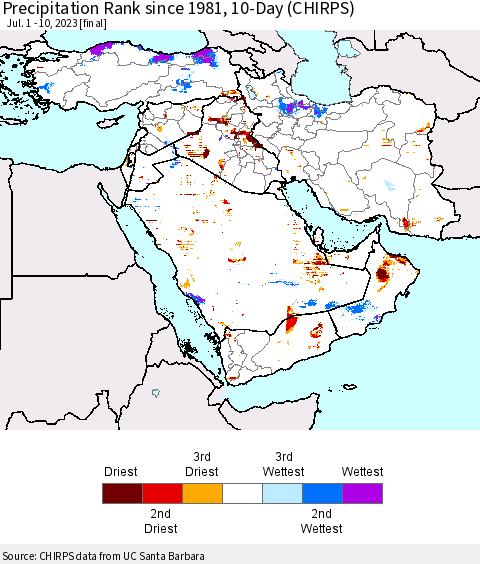 Middle East and Turkey Precipitation Rank since 1981, 10-Day (CHIRPS) Thematic Map For 7/1/2023 - 7/10/2023