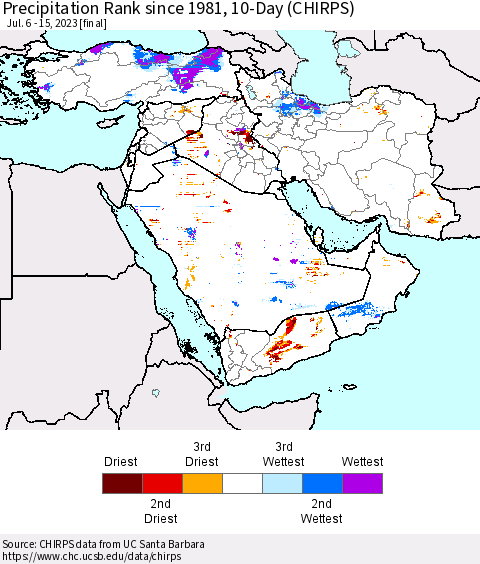 Middle East and Turkey Precipitation Rank since 1981, 10-Day (CHIRPS) Thematic Map For 7/6/2023 - 7/15/2023