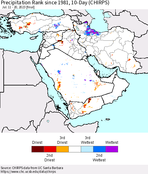 Middle East and Turkey Precipitation Rank since 1981, 10-Day (CHIRPS) Thematic Map For 7/11/2023 - 7/20/2023