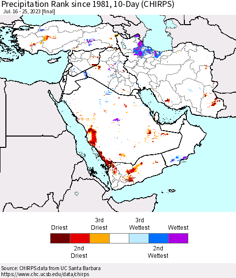 Middle East and Turkey Precipitation Rank since 1981, 10-Day (CHIRPS) Thematic Map For 7/16/2023 - 7/25/2023