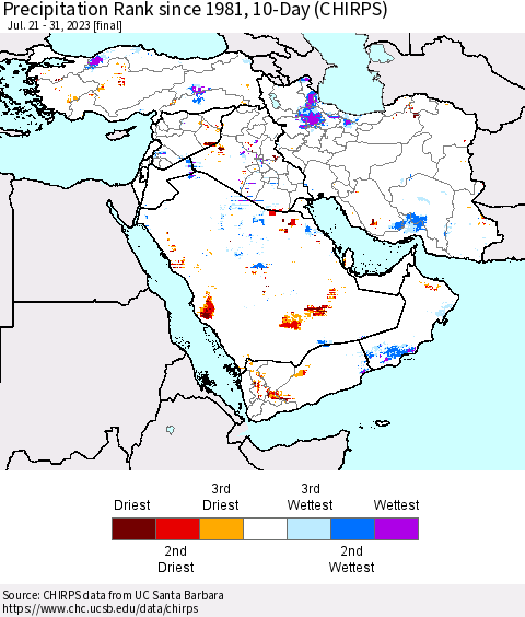 Middle East and Turkey Precipitation Rank since 1981, 10-Day (CHIRPS) Thematic Map For 7/21/2023 - 7/31/2023