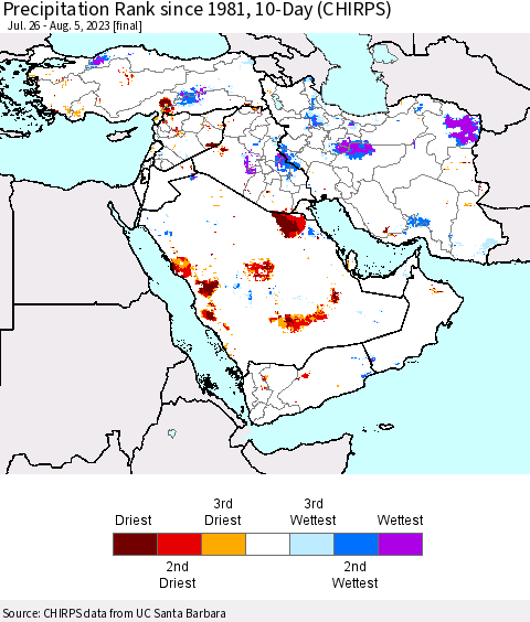 Middle East and Turkey Precipitation Rank since 1981, 10-Day (CHIRPS) Thematic Map For 7/26/2023 - 8/5/2023