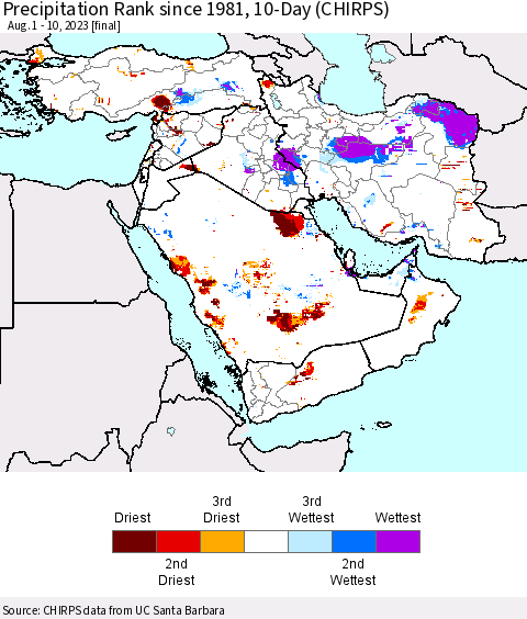 Middle East and Turkey Precipitation Rank since 1981, 10-Day (CHIRPS) Thematic Map For 8/1/2023 - 8/10/2023