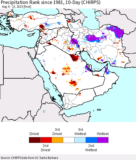 Middle East and Turkey Precipitation Rank since 1981, 10-Day (CHIRPS) Thematic Map For 8/6/2023 - 8/15/2023