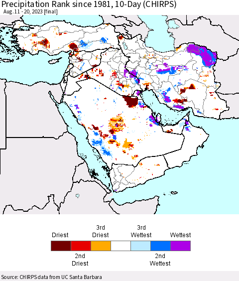 Middle East and Turkey Precipitation Rank since 1981, 10-Day (CHIRPS) Thematic Map For 8/11/2023 - 8/20/2023