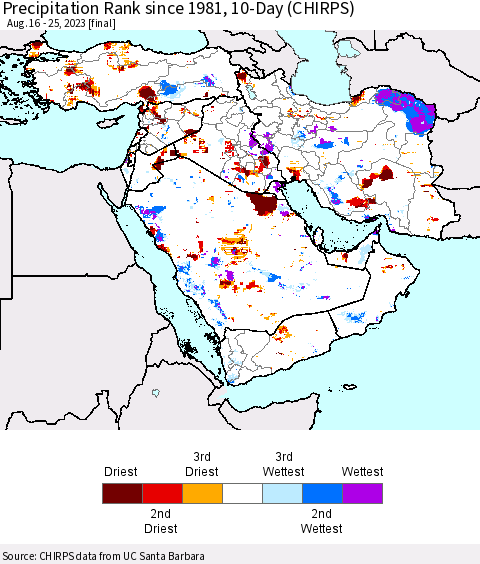 Middle East and Turkey Precipitation Rank since 1981, 10-Day (CHIRPS) Thematic Map For 8/16/2023 - 8/25/2023