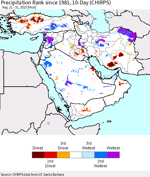 Middle East and Turkey Precipitation Rank since 1981, 10-Day (CHIRPS) Thematic Map For 8/21/2023 - 8/31/2023