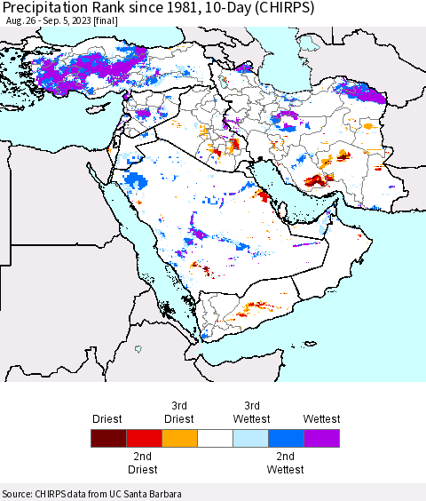 Middle East and Turkey Precipitation Rank since 1981, 10-Day (CHIRPS) Thematic Map For 8/26/2023 - 9/5/2023