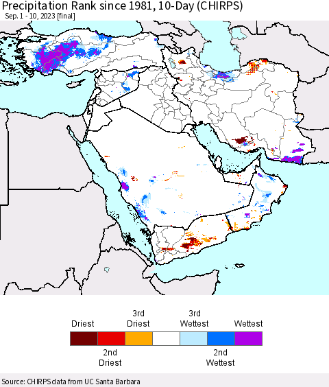 Middle East and Turkey Precipitation Rank since 1981, 10-Day (CHIRPS) Thematic Map For 9/1/2023 - 9/10/2023