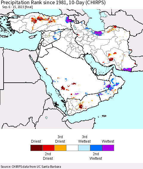 Middle East and Turkey Precipitation Rank since 1981, 10-Day (CHIRPS) Thematic Map For 9/6/2023 - 9/15/2023