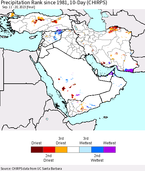 Middle East and Turkey Precipitation Rank since 1981, 10-Day (CHIRPS) Thematic Map For 9/11/2023 - 9/20/2023