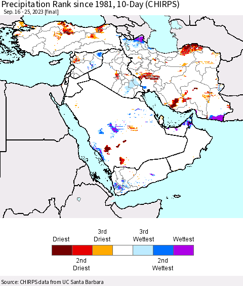 Middle East and Turkey Precipitation Rank since 1981, 10-Day (CHIRPS) Thematic Map For 9/16/2023 - 9/25/2023