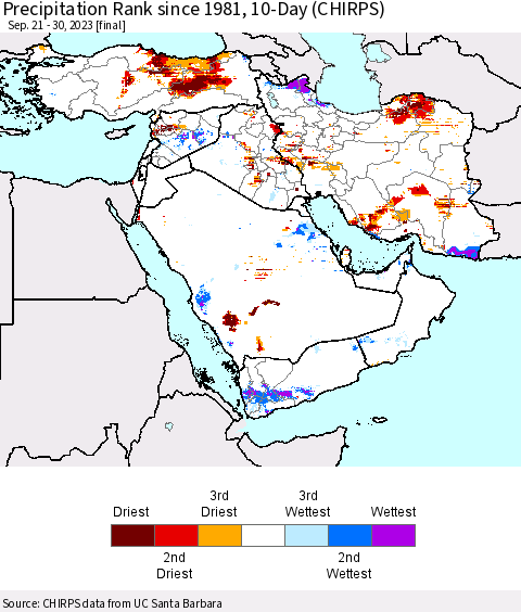 Middle East and Turkey Precipitation Rank since 1981, 10-Day (CHIRPS) Thematic Map For 9/21/2023 - 9/30/2023