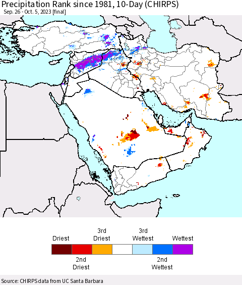 Middle East and Turkey Precipitation Rank since 1981, 10-Day (CHIRPS) Thematic Map For 9/26/2023 - 10/5/2023
