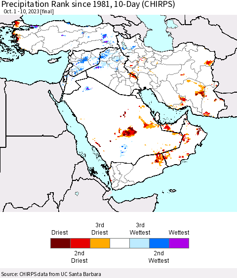 Middle East and Turkey Precipitation Rank since 1981, 10-Day (CHIRPS) Thematic Map For 10/1/2023 - 10/10/2023