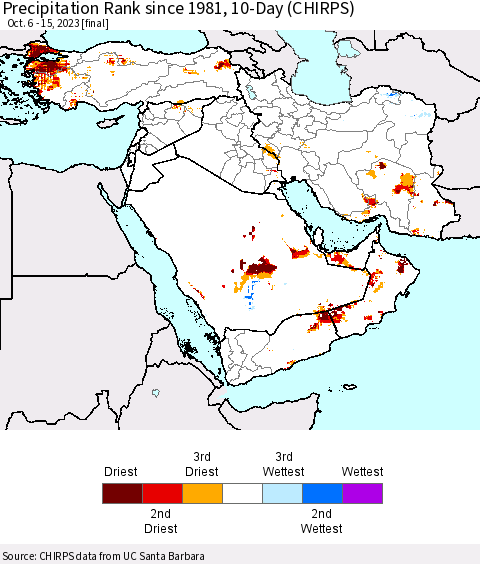 Middle East and Turkey Precipitation Rank since 1981, 10-Day (CHIRPS) Thematic Map For 10/6/2023 - 10/15/2023