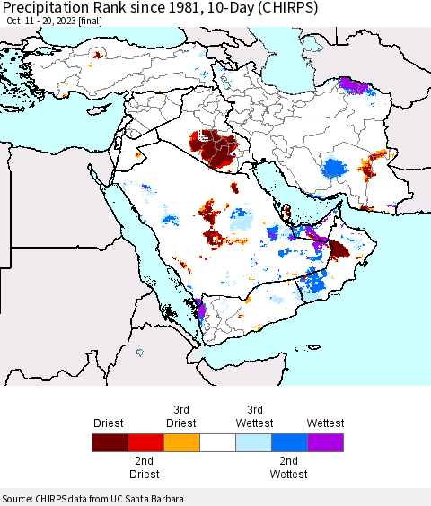 Middle East and Turkey Precipitation Rank since 1981, 10-Day (CHIRPS) Thematic Map For 10/11/2023 - 10/20/2023