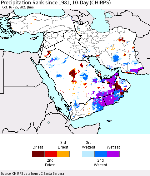 Middle East and Turkey Precipitation Rank since 1981, 10-Day (CHIRPS) Thematic Map For 10/16/2023 - 10/25/2023