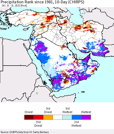 Middle East and Turkey Precipitation Rank since 1981, 10-Day (CHIRPS) Thematic Map For 10/21/2023 - 10/31/2023