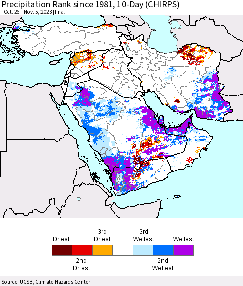 Middle East and Turkey Precipitation Rank since 1981, 10-Day (CHIRPS) Thematic Map For 10/26/2023 - 11/5/2023