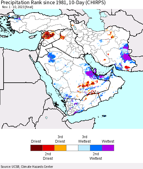Middle East and Turkey Precipitation Rank since 1981, 10-Day (CHIRPS) Thematic Map For 11/1/2023 - 11/10/2023