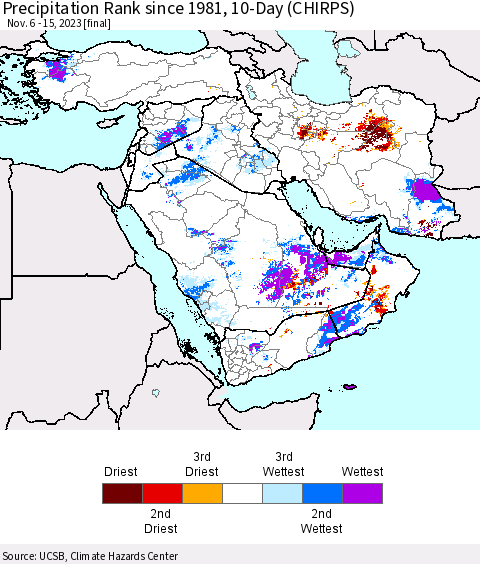 Middle East and Turkey Precipitation Rank since 1981, 10-Day (CHIRPS) Thematic Map For 11/6/2023 - 11/15/2023