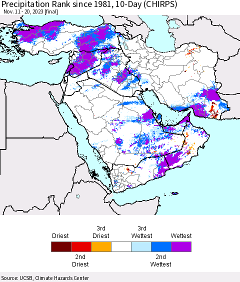 Middle East and Turkey Precipitation Rank since 1981, 10-Day (CHIRPS) Thematic Map For 11/11/2023 - 11/20/2023