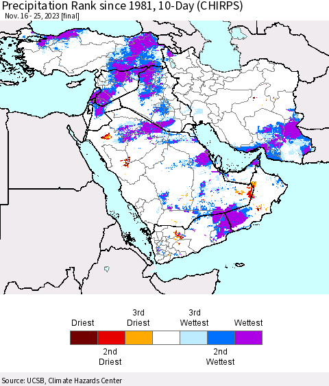 Middle East and Turkey Precipitation Rank since 1981, 10-Day (CHIRPS) Thematic Map For 11/16/2023 - 11/25/2023
