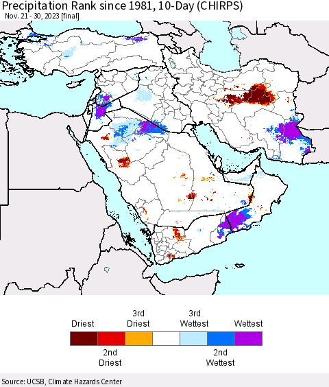 Middle East and Turkey Precipitation Rank since 1981, 10-Day (CHIRPS) Thematic Map For 11/21/2023 - 11/30/2023
