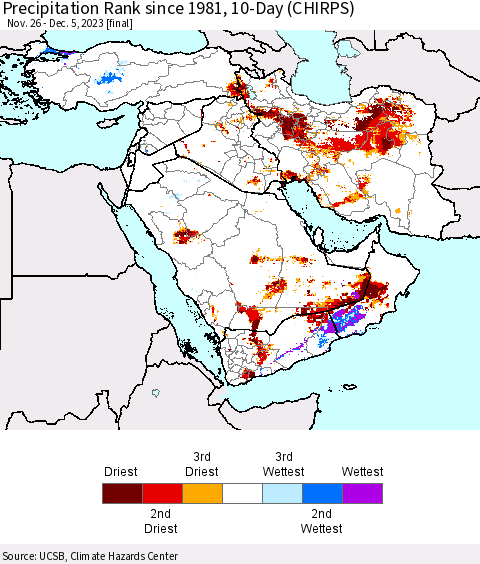 Middle East and Turkey Precipitation Rank since 1981, 10-Day (CHIRPS) Thematic Map For 11/26/2023 - 12/5/2023