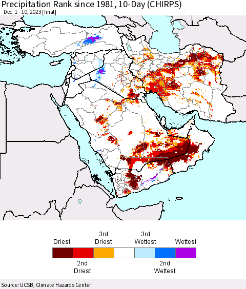 Middle East and Turkey Precipitation Rank since 1981, 10-Day (CHIRPS) Thematic Map For 12/1/2023 - 12/10/2023