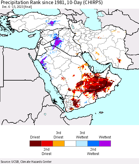 Middle East and Turkey Precipitation Rank since 1981, 10-Day (CHIRPS) Thematic Map For 12/6/2023 - 12/15/2023