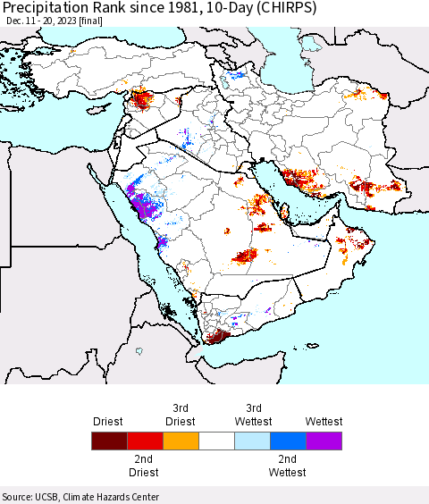 Middle East and Turkey Precipitation Rank since 1981, 10-Day (CHIRPS) Thematic Map For 12/11/2023 - 12/20/2023