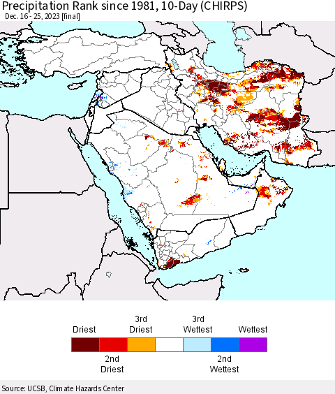 Middle East and Turkey Precipitation Rank since 1981, 10-Day (CHIRPS) Thematic Map For 12/16/2023 - 12/25/2023
