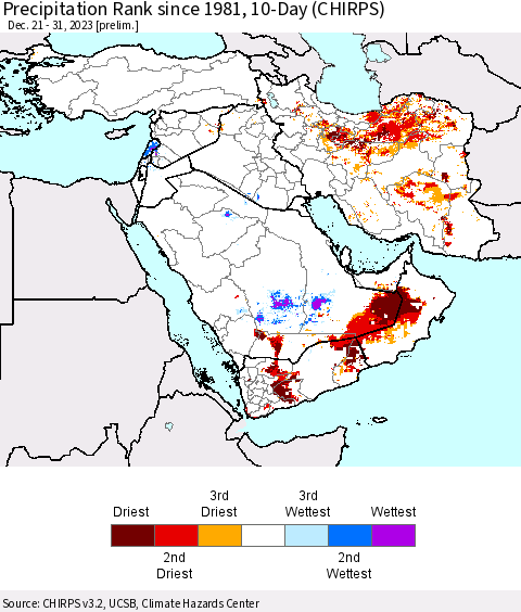 Middle East and Turkey Precipitation Rank since 1981, 10-Day (CHIRPS) Thematic Map For 12/21/2023 - 12/31/2023