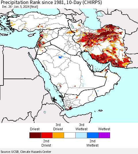 Middle East and Turkey Precipitation Rank since 1981, 10-Day (CHIRPS) Thematic Map For 12/26/2023 - 1/5/2024