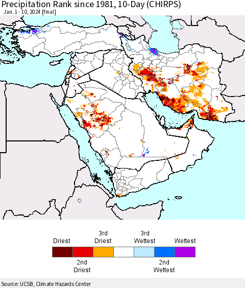 Middle East and Turkey Precipitation Rank since 1981, 10-Day (CHIRPS) Thematic Map For 1/1/2024 - 1/10/2024