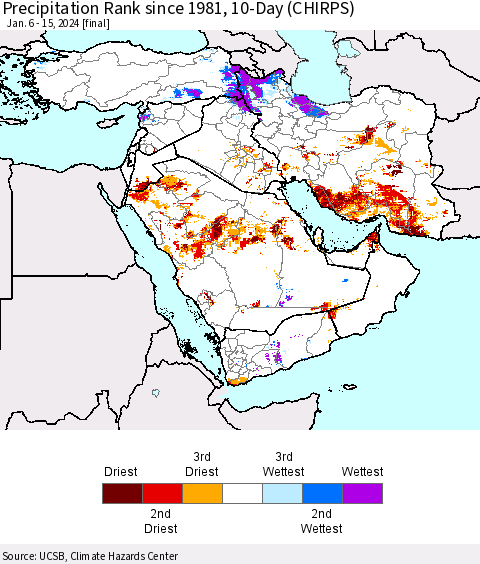 Middle East and Turkey Precipitation Rank since 1981, 10-Day (CHIRPS) Thematic Map For 1/6/2024 - 1/15/2024
