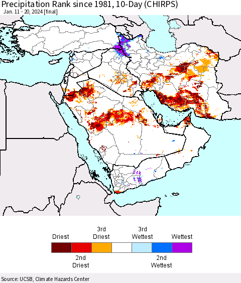 Middle East and Turkey Precipitation Rank since 1981, 10-Day (CHIRPS) Thematic Map For 1/11/2024 - 1/20/2024
