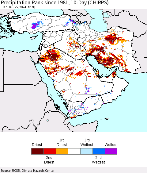 Middle East and Turkey Precipitation Rank since 1981, 10-Day (CHIRPS) Thematic Map For 1/16/2024 - 1/25/2024