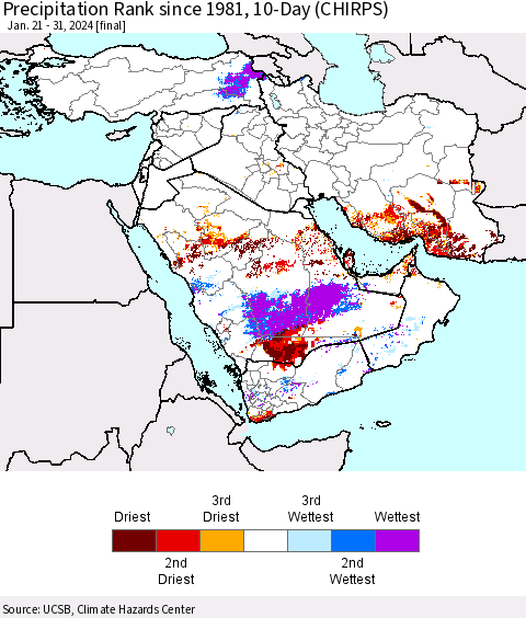 Middle East and Turkey Precipitation Rank since 1981, 10-Day (CHIRPS) Thematic Map For 1/21/2024 - 1/31/2024