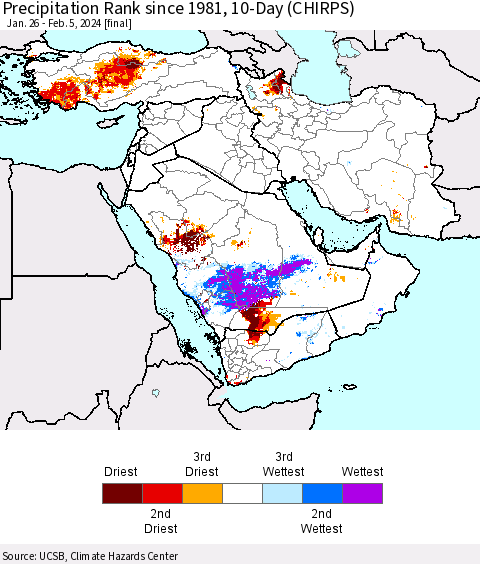 Middle East and Turkey Precipitation Rank since 1981, 10-Day (CHIRPS) Thematic Map For 1/26/2024 - 2/5/2024