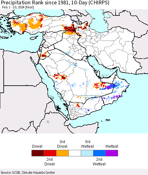 Middle East and Turkey Precipitation Rank since 1981, 10-Day (CHIRPS) Thematic Map For 2/1/2024 - 2/10/2024