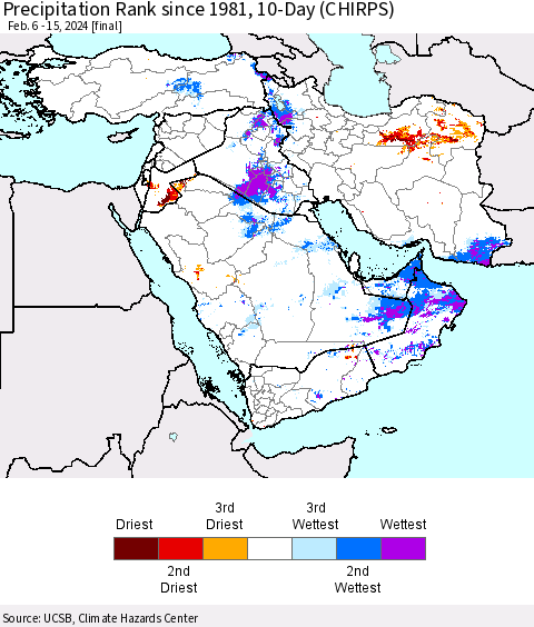Middle East and Turkey Precipitation Rank since 1981, 10-Day (CHIRPS) Thematic Map For 2/6/2024 - 2/15/2024