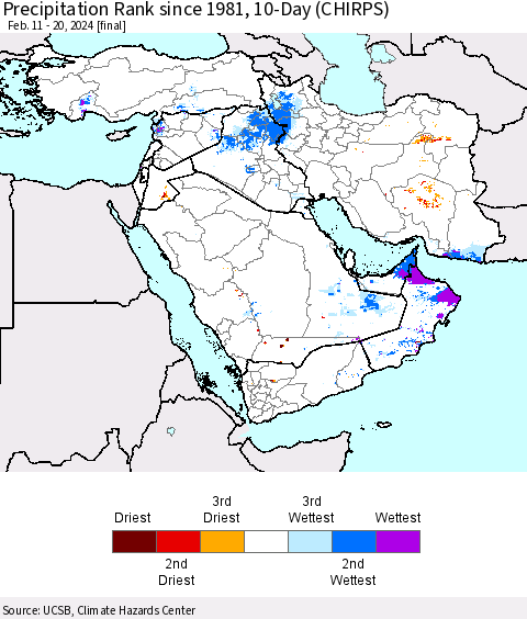 Middle East and Turkey Precipitation Rank since 1981, 10-Day (CHIRPS) Thematic Map For 2/11/2024 - 2/20/2024
