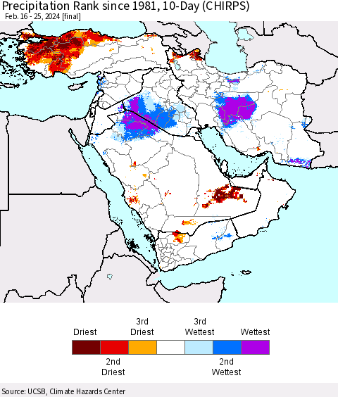 Middle East and Turkey Precipitation Rank since 1981, 10-Day (CHIRPS) Thematic Map For 2/16/2024 - 2/25/2024