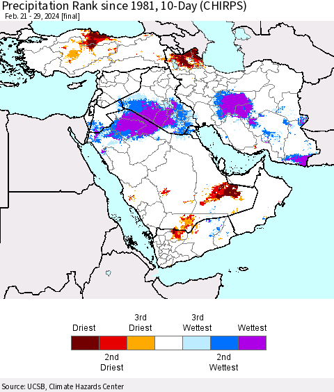 Middle East and Turkey Precipitation Rank since 1981, 10-Day (CHIRPS) Thematic Map For 2/21/2024 - 2/29/2024
