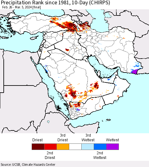 Middle East and Turkey Precipitation Rank since 1981, 10-Day (CHIRPS) Thematic Map For 2/26/2024 - 3/5/2024