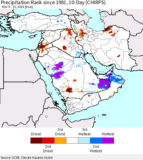 Middle East and Turkey Precipitation Rank since 1981, 10-Day (CHIRPS) Thematic Map For 3/6/2024 - 3/15/2024