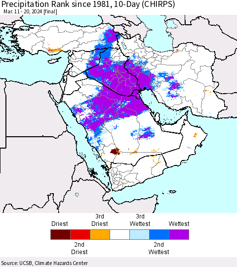 Middle East and Turkey Precipitation Rank since 1981, 10-Day (CHIRPS) Thematic Map For 3/11/2024 - 3/20/2024